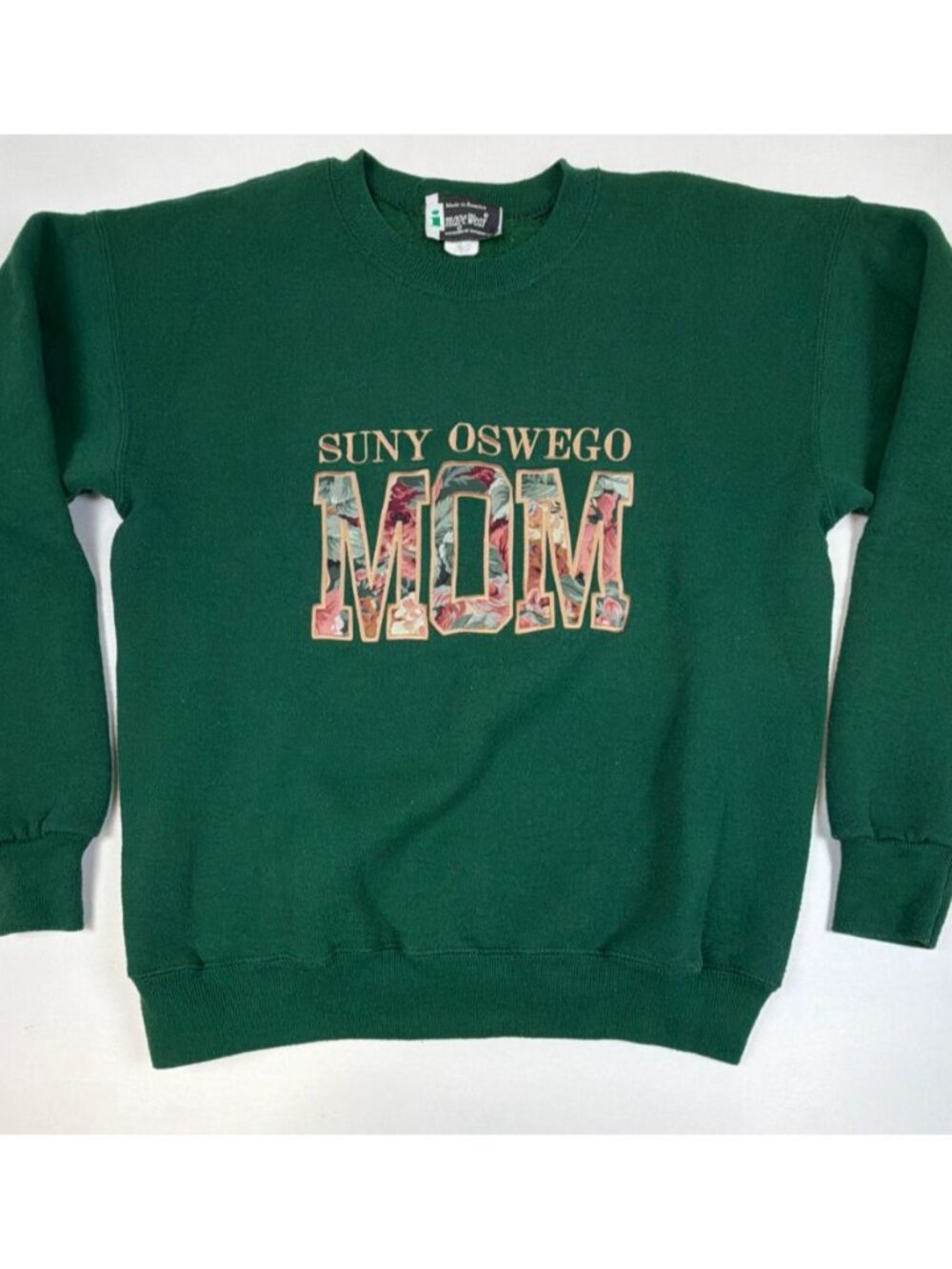 Vintage SUNY Oswego Mom Sweatshirt Medium Green Floral Embroidery Made in USA
